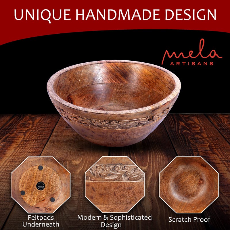 Mela Artisans Wooden Fruit Bowl | Medium Burnt Finish | 9” Mango Wood Serving Bowl with Felt Pads | Multipurpose for Kitchen Countertop |Salad | Snacks | Breads & More | Natural Grain Texture - Image 2
